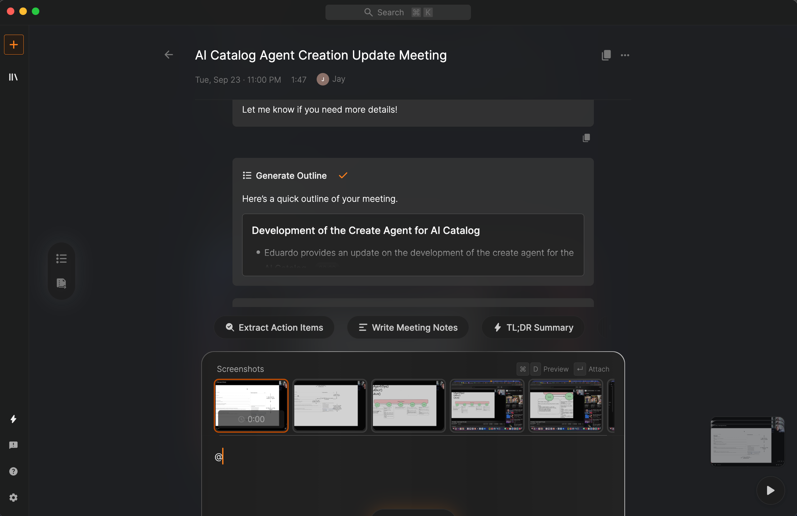 Relora after meetings - using @ to reference screenshots and context