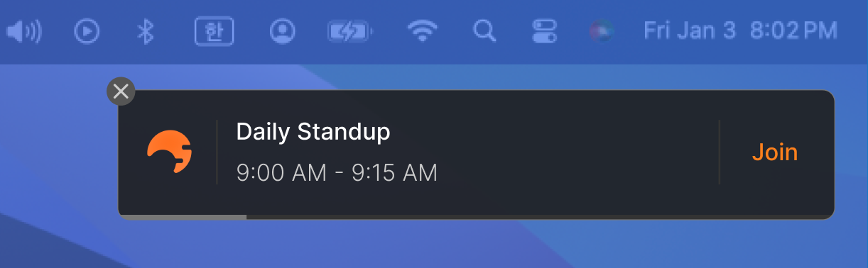 Relora v1.8 one-minute notification with one-click join button for upcoming meetings